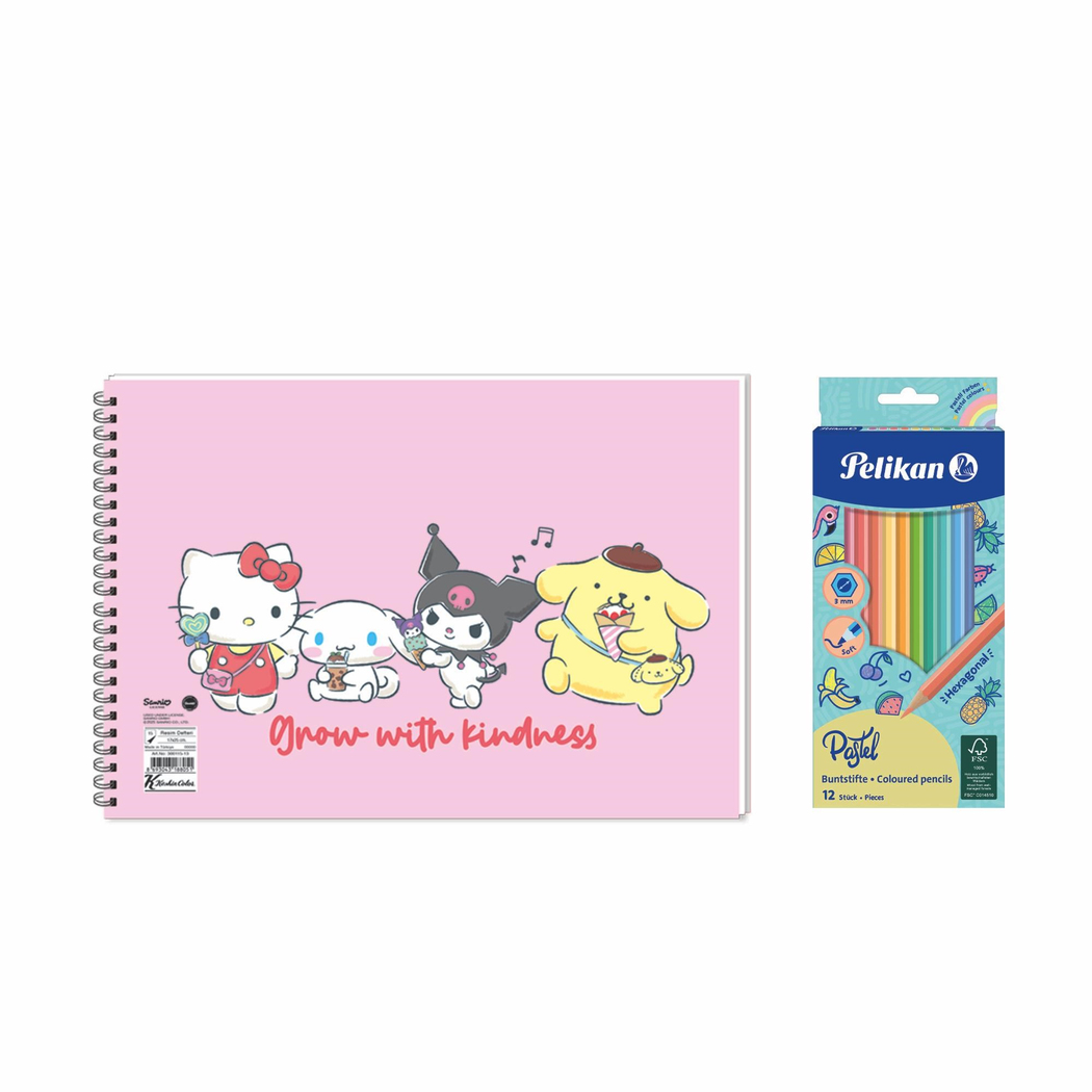 Hello Kitty And Friends 17x25 Spiralli Resim Defteri - Pelikan Pastel Renkler 12'li Kuru Boya 2'li Set