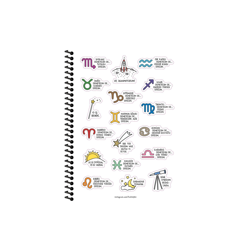 Hisli Şeyler 16,5x22,5 Spiralli Karton Kapak Stickerli Kareli Burçlar Serisi Defter - İnatçı Demeyelim De Kararlı Diyelim