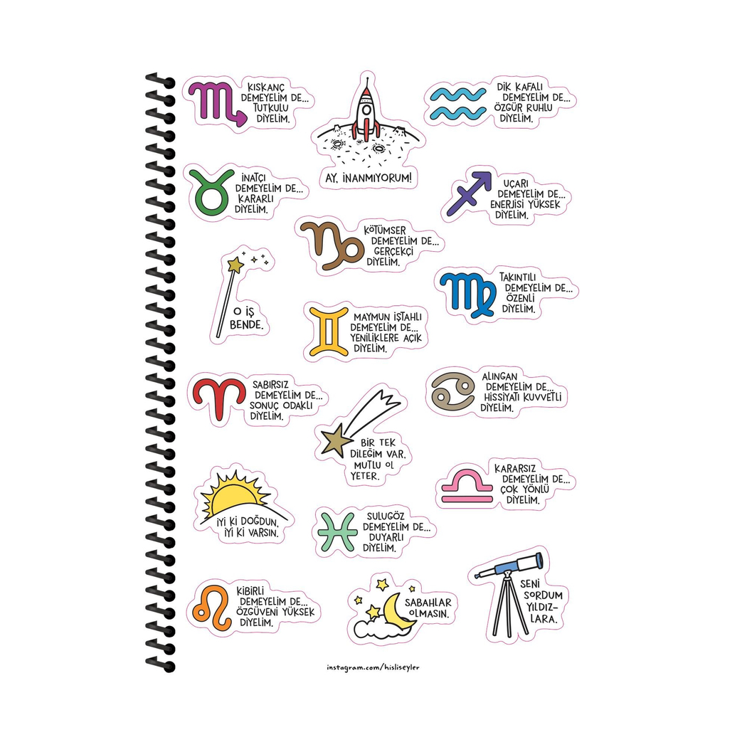 Hisli Şeyler A4 Spiralli Karton Kapak Kareli Stickerli Burçlar Serisi Defter - Kıskanç Demeyelim De Tutkulu Diyelim