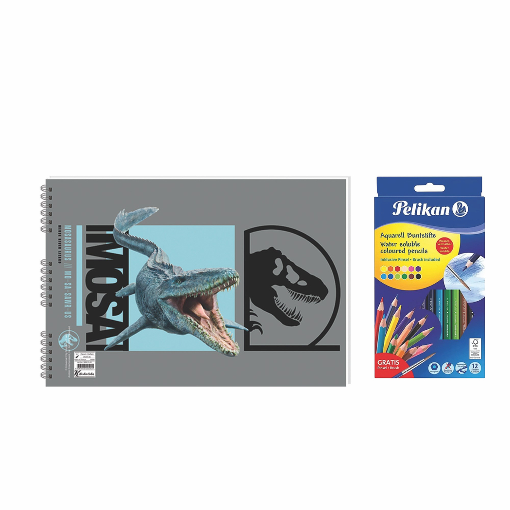 Jurassic World 25x35 Spiralli Resim Defteri - Pelikan 12li Aquarell Kuru Boya 2'li Set