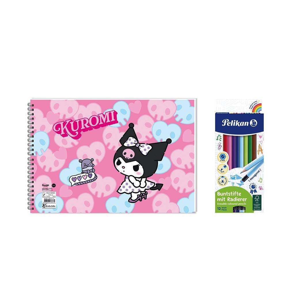 Kuromi 17*25 15 Yp. Spiralli Resim Defteri - Pelikan 12li Silgili Kuru Boya 2'li Set