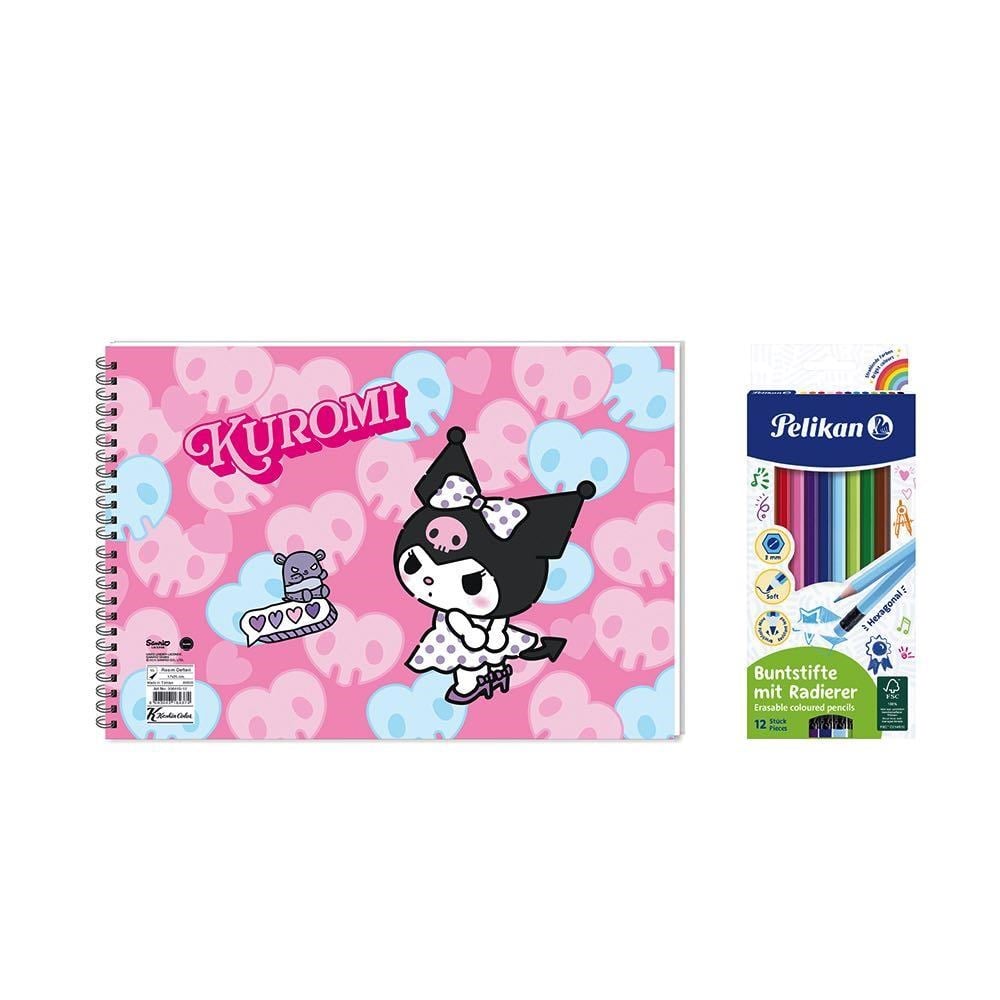 Kuromi 17*25 15 Yp. Spiralli Resim Defteri - Pelikan 12li Silgili Kuru Boya 2'li Set