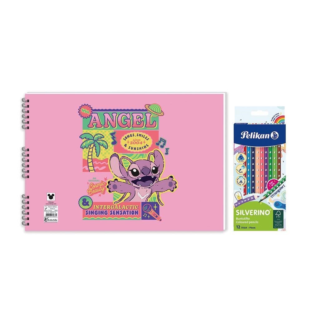 Lilo&Stitch 25*35 15 Yp. Spiralli Resim Defteri - Pelikan Silverino Üçgen Kuru Boya Kalemi 2'li Set 4