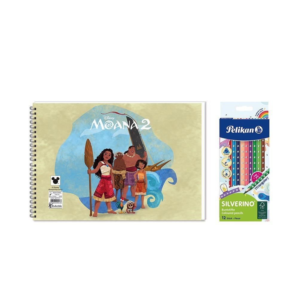 Moana 17*25 15 Yp. Spiralli Resim Defteri  -  Pelikan Silverino Üçgen Kuru Boya Kalemi 2'li Set