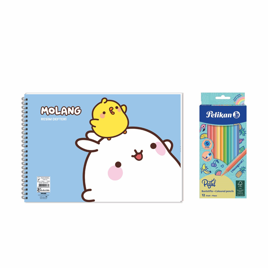 Molang 17x25 Spiralli Resim Defteri - Pelikan Pastel Renkler 12'li Kuru Boya 2'li Set 4