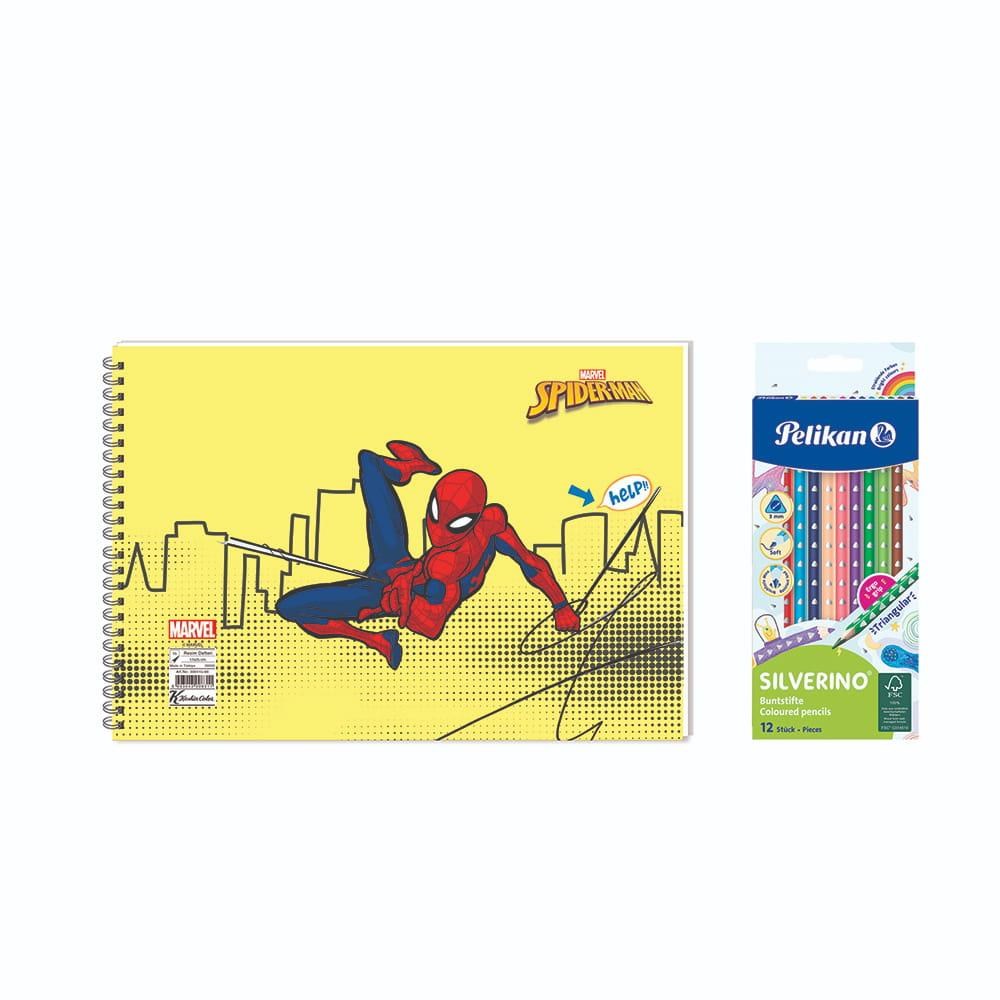 Spider-Man 17x25  Spiralli Resim Defteri  - Pelikan Silverino Üçgen Kuru Boya Kalemi 2'li Set