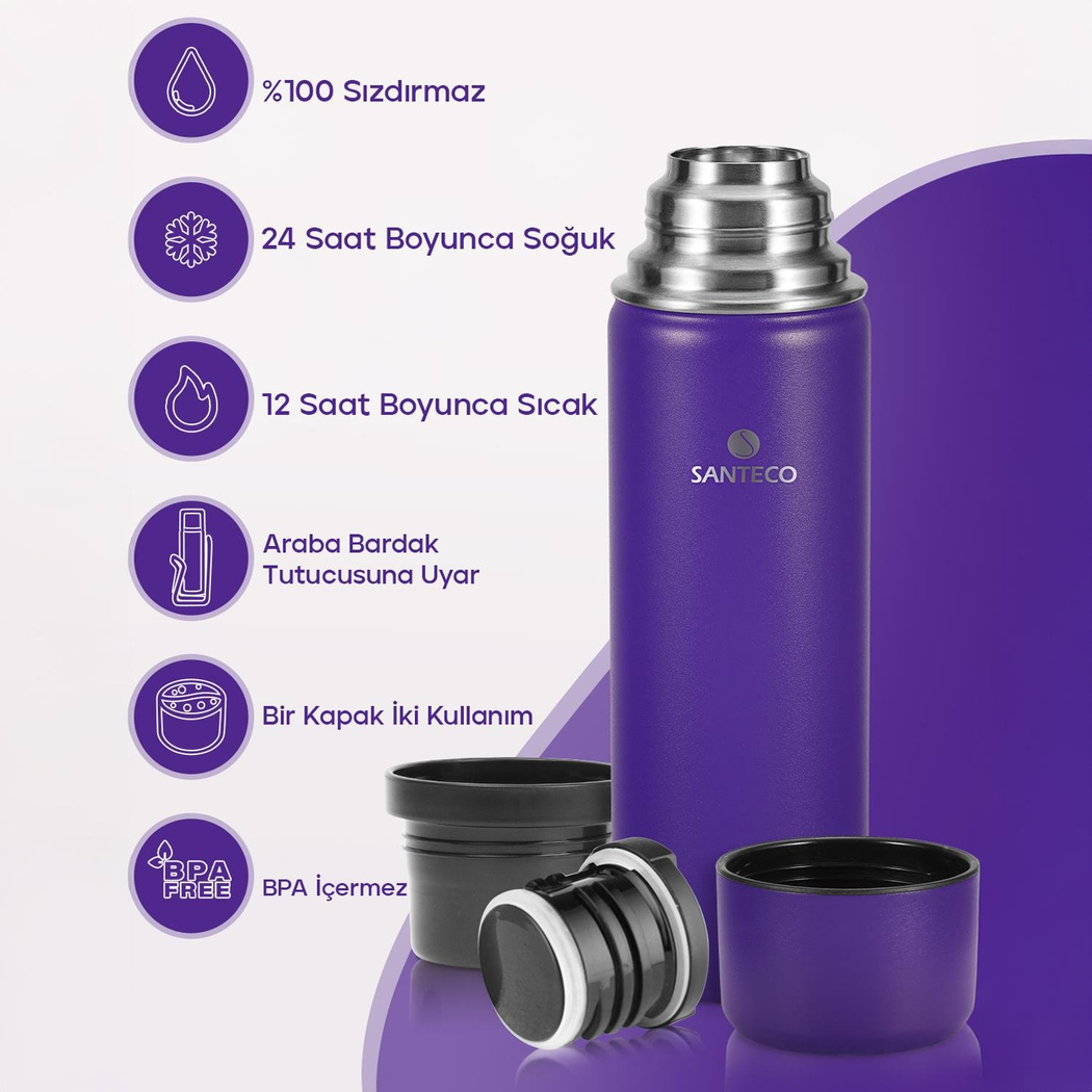 Santeco Kolima 2 Kapaklı Termos 1 L-Mor