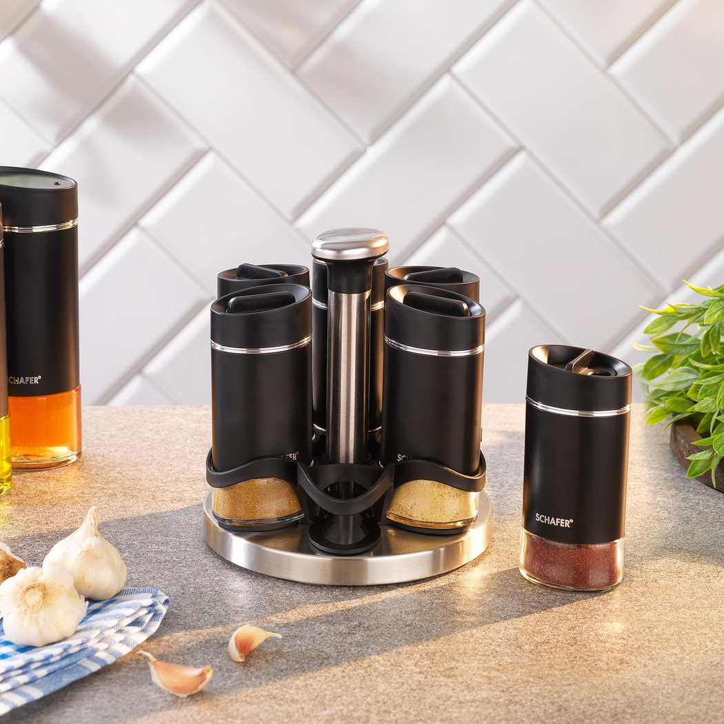 Schafer Silver Touch Döner Standlı Baharat Takımı 7 Parça-Siyah