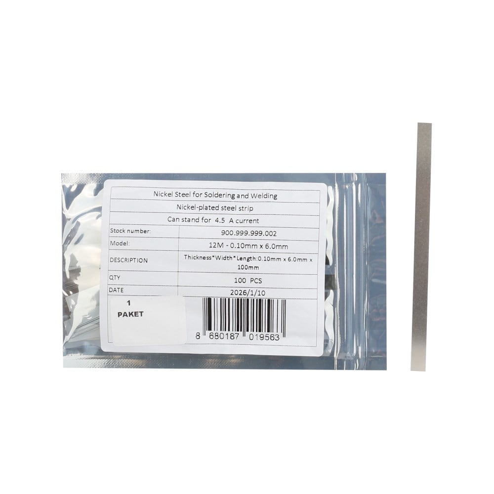 12M - 0.10mm x 6.0mm x 100mm - Lehim Tutan Nikel Metal - 10 cm Kesilmiş - 100lü Paket - 10 Metre