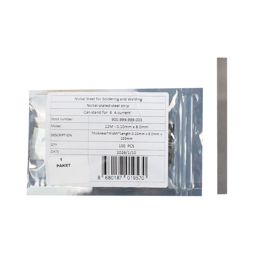 12M - 0.10mm x 8.0mm x 100mm - Lehim Tutan Nikel Metal - 10 cm Kesilmiş - 100lü Paket - 10 Metre