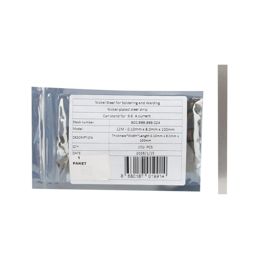 12M - 0.10mm x 8.0mm x 100mm - Lehim Tutan Saf Nikel Metal - 10 cm Kesilmiş - 100lü Paket - 10 Metre
