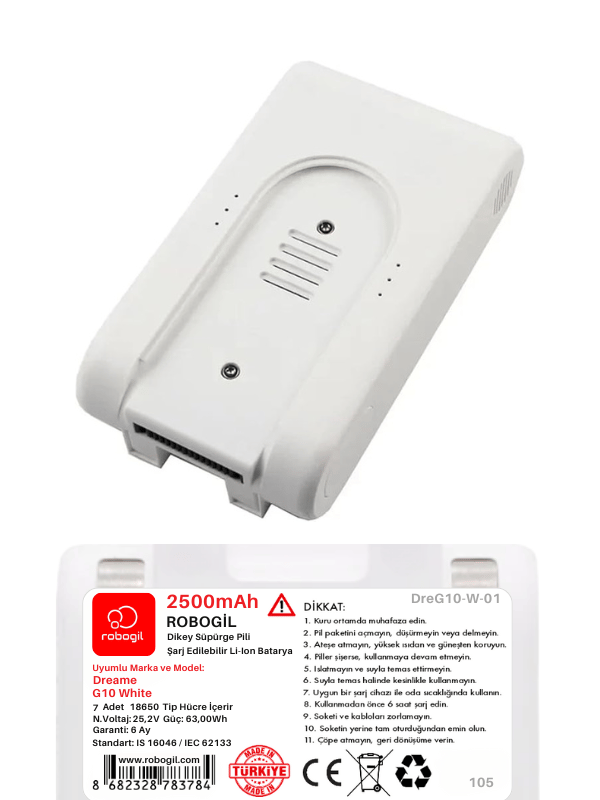 Dreame G10 White Handheld Cordless Vacuum 2500mAh Uyumlu Bataryası Dikey Süpürge Pili Li-ion Yedek Pil Paketi DreG10-W-01