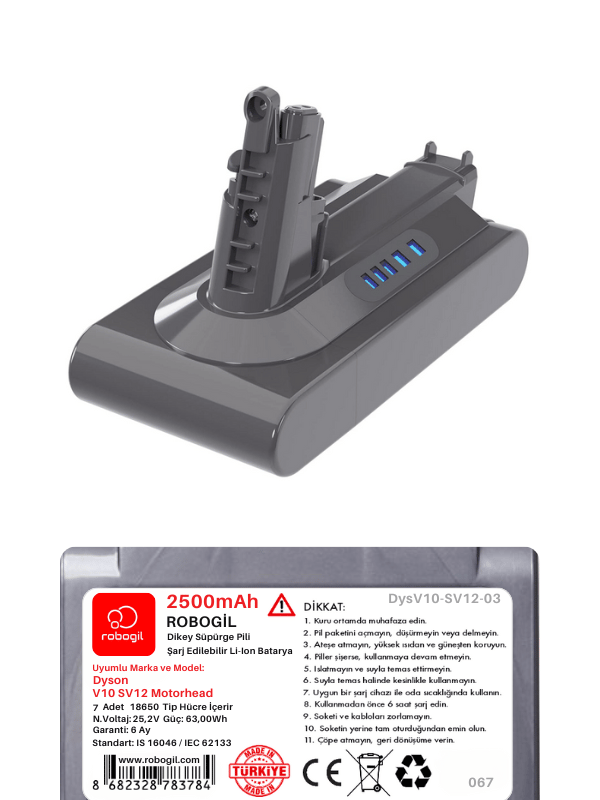 Dyson V10 SV12 Motorhead 2500mAh Uyumlu Bataryası Dikey Süpürge Pili Li-ion Yedek Pil Paketi DysV10-SV12-03