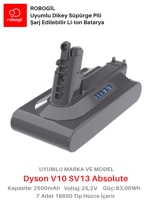 Dyson V10 SV13 Absolute 2500mAh Uyumlu Bataryası Dikey Süpürge Pili Li-ion Yedek Pil Paketi DysV10-SV13-01