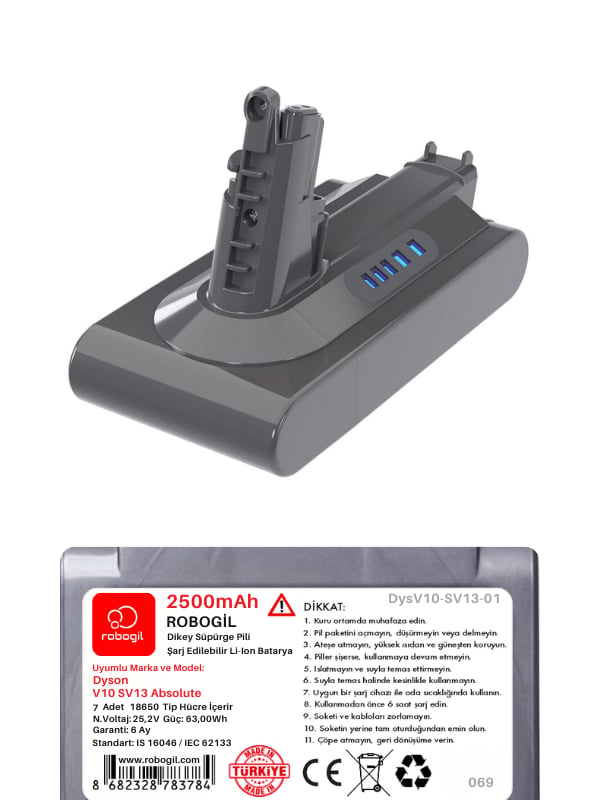 Dyson V10 SV13 Absolute 2500mAh Uyumlu Bataryası Dikey Süpürge Pili Li-ion Yedek Pil Paketi DysV10-SV13-01