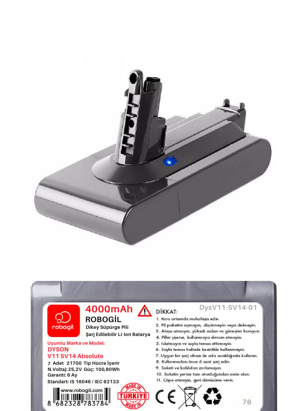 Dyson V11 SV14 Absolute 4000mAh Uyumlu Bataryası Dikey Süpürge Pili Li-ion Yedek Pil Paketi DysV11-SV14-01