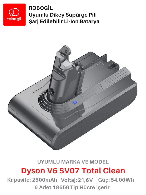 Dyson V6 SV07 Total Clean 2500mAh Uyumlu Bataryası Dikey Süpürge Pili Li-ion Yedek Pil Paketi DysV6-SV07-02