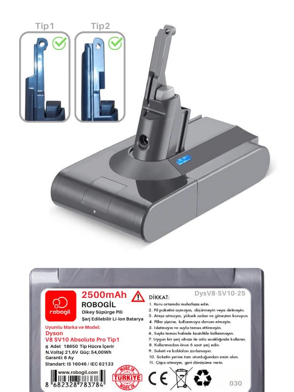 Dyson V8 SV10 Absolute Pro 2500mAh Uyumlu Bataryası Dikey Süpürge Pili Li-ion Yedek Pil Paketi DysV8-SV10-25
