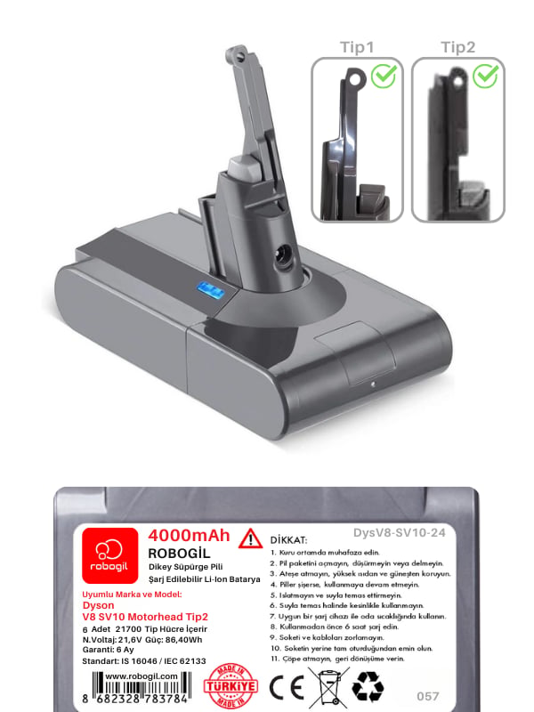 Dyson V8 SV10 Motorhead 4000mAh Uyumlu Bataryası Dikey Süpürge Pili Li-ion Yedek Pil Paketi DysV8-SV10-24