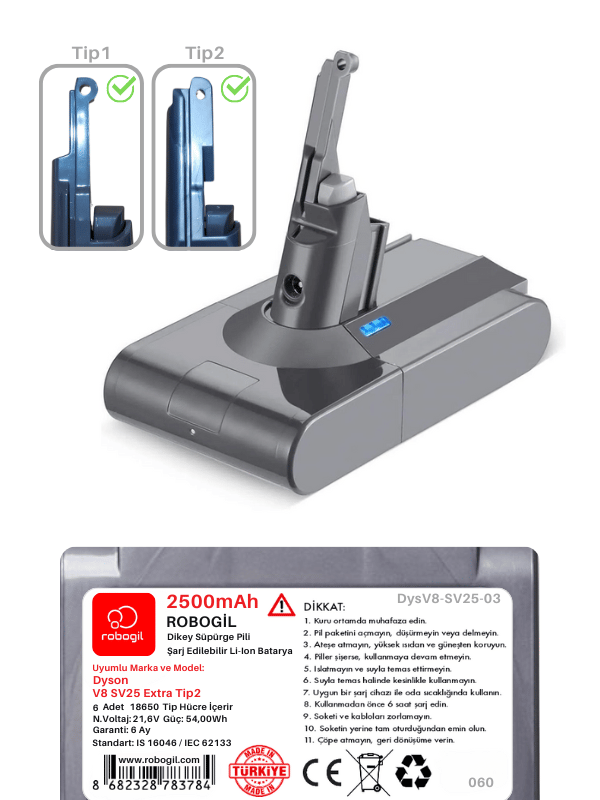 Dyson V8 SV25 Extra 2500mAh Uyumlu Bataryası Dikey Süpürge Pili Li-ion Yedek Pil Paketi DysV8-SV25-03