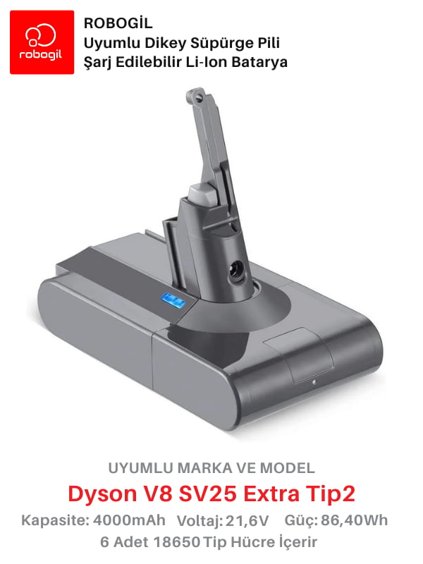 Dyson V8 SV25 Extra 4000mAh Uyumlu Bataryası Dikey Süpürge Pili Li-ion Yedek Pil Paketi DysV8-SV25-04