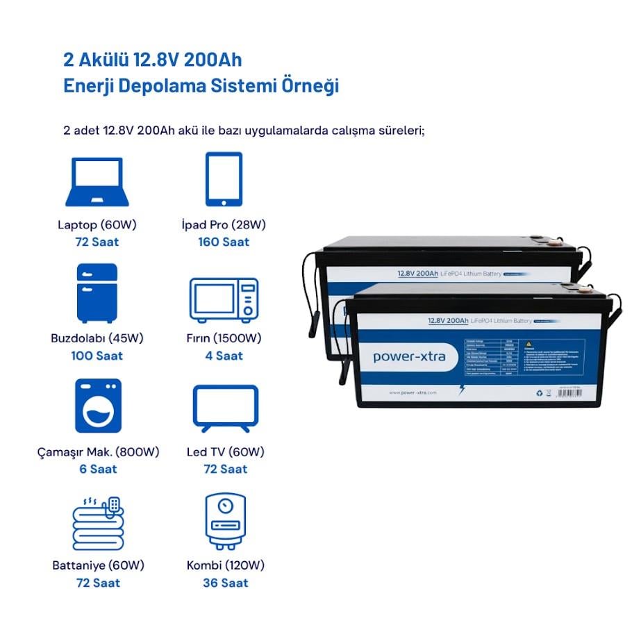 Power-Xtra 12.8V 200Ah LiFePO4 Lityum Akü - Ekranlı - Siyah Kutu 2 li