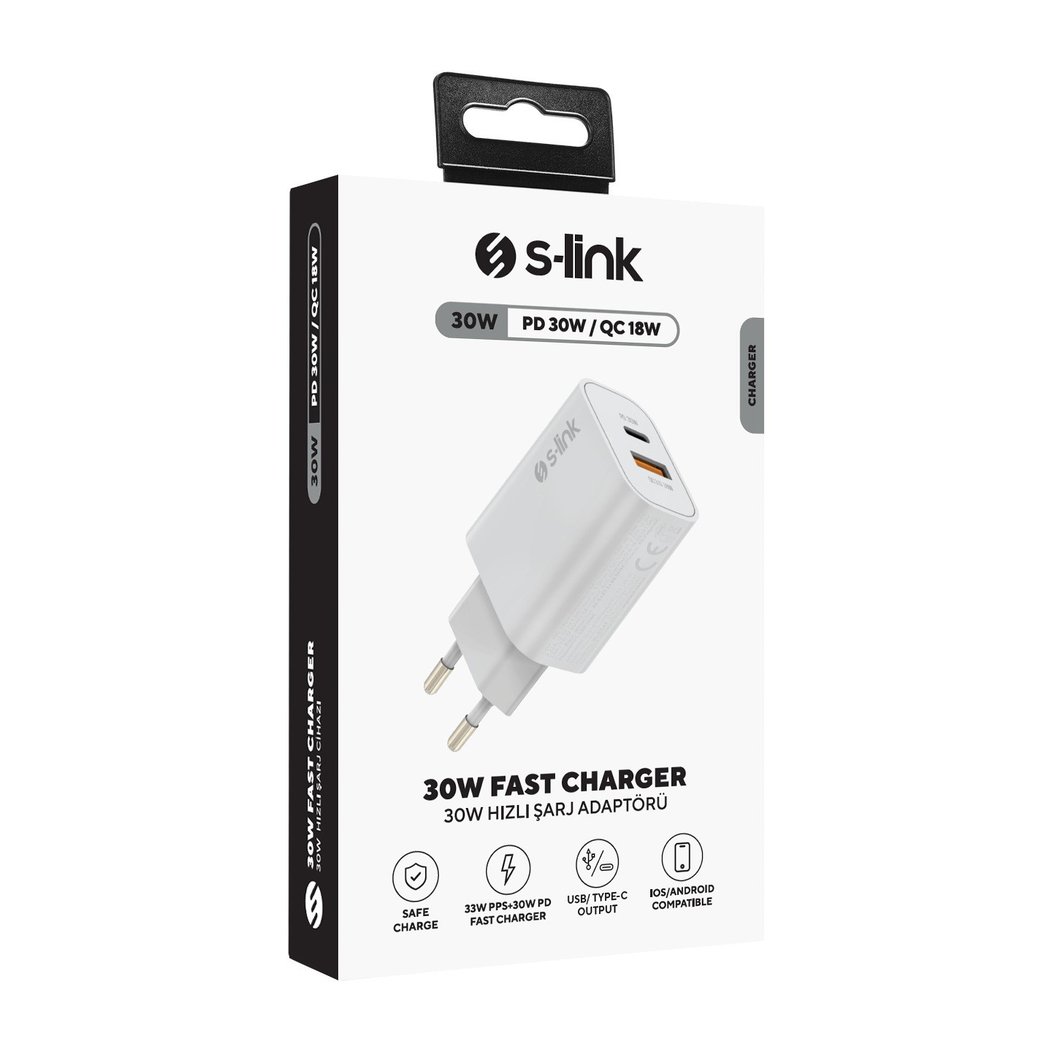 S-link SL-EC67 Type USB-C 30W PD / 33W PPS USB QC 3.0 18W Hızlı Şarj Adaptörü