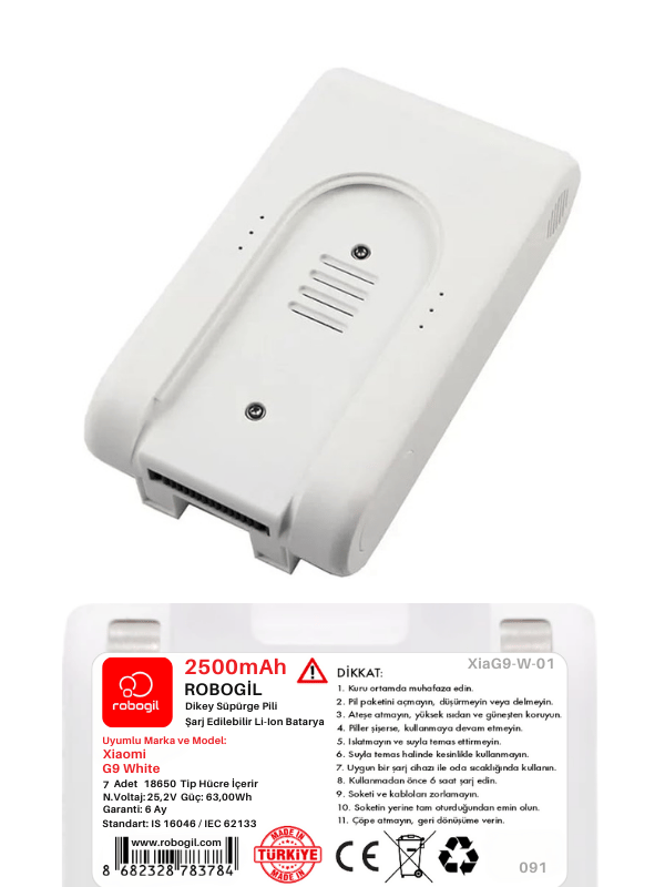 Xiaomi G9 White Handheld Cordless Vacuum 2500mAh Uyumlu Bataryası Dikey Süpürge Pili Li-ion Yedek Pil Paketi XiaG9-W-01
