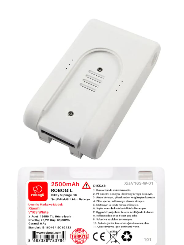 Xiaomi V16S White Handheld Cordless Vacuum 2500mAh Uyumlu Bataryası Dikey Süpürge Pili Li-ion Yedek Pil Paketi XiaV16S-W-01