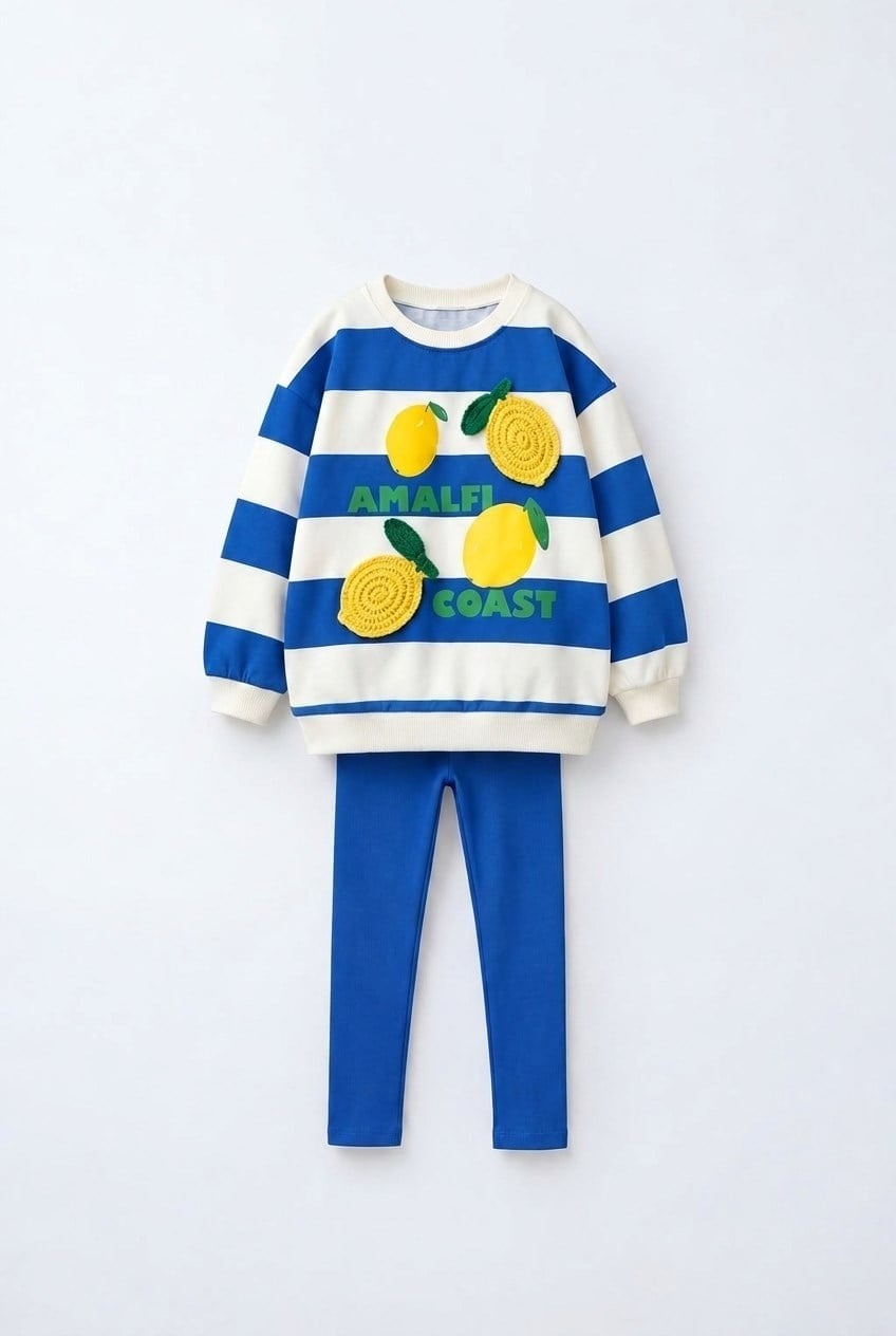 Limon Mavi Çizgili Sweatshirt ve Tayt Takımı – görsel 1