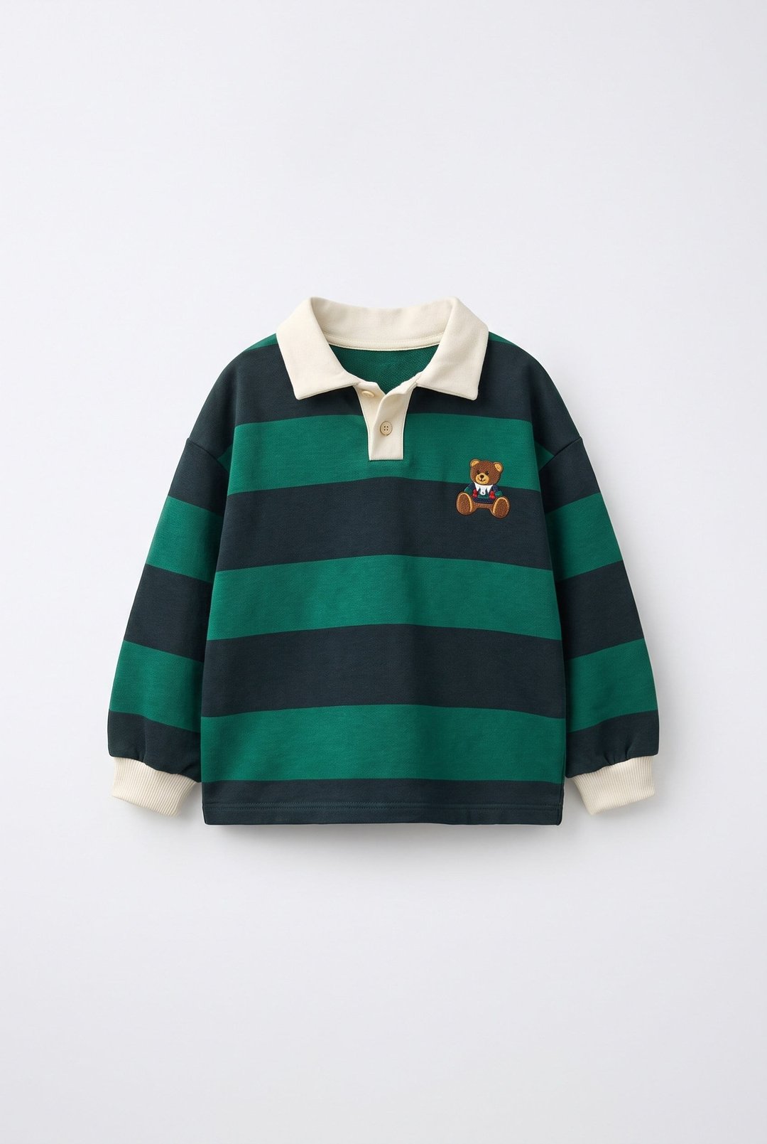 Ayıcık Nakışlı Yeşil Lacivert Çizgili Polo Yaka Sweatshirt – görsel 1