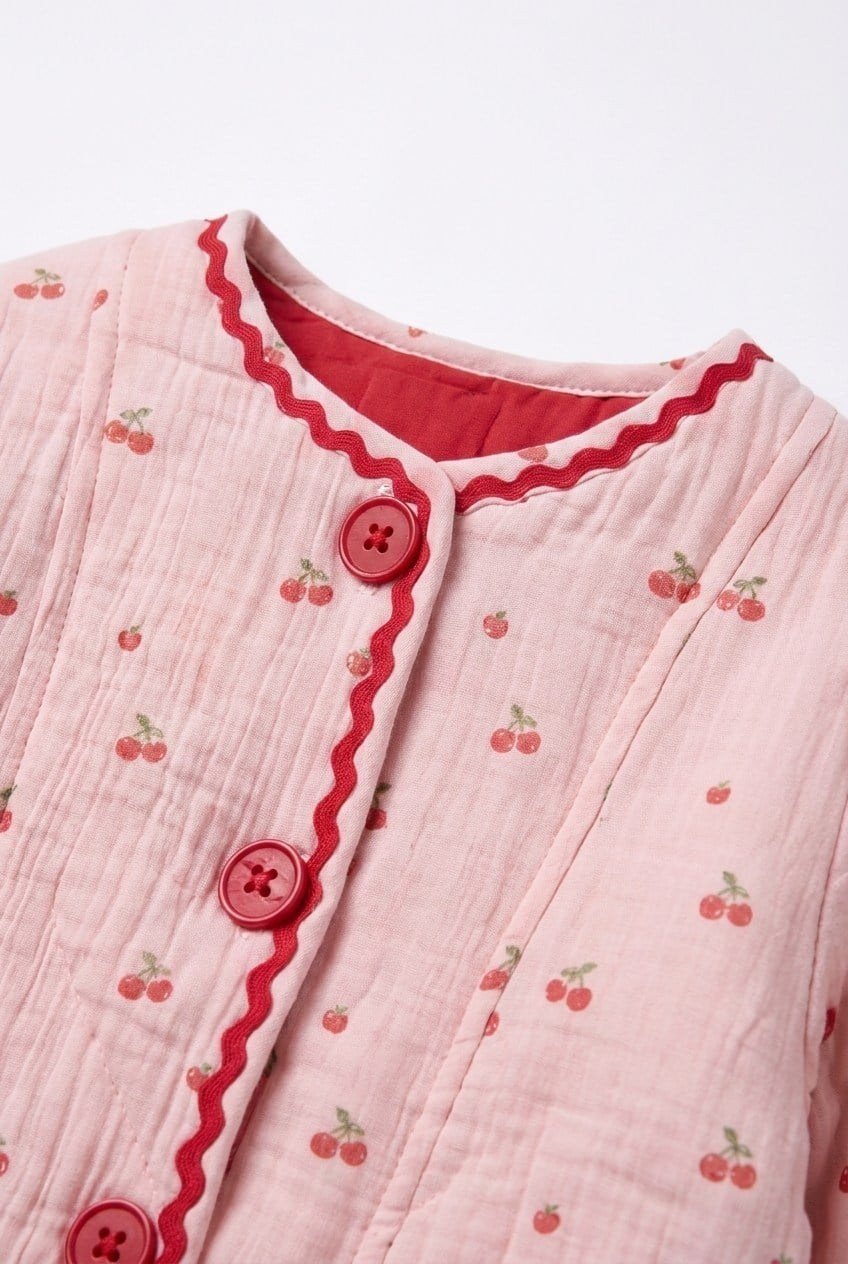 Pembe Müslin Kiraz Desenli Düğmeli Ceket – görsel 2