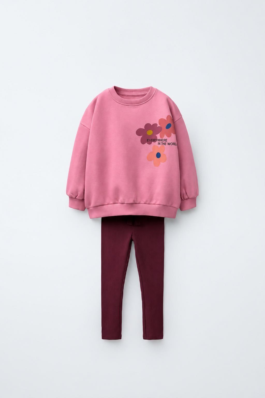 Çiçek Baskılı Pembe Sweatshirt ve Tayt Takımı – görsel 2