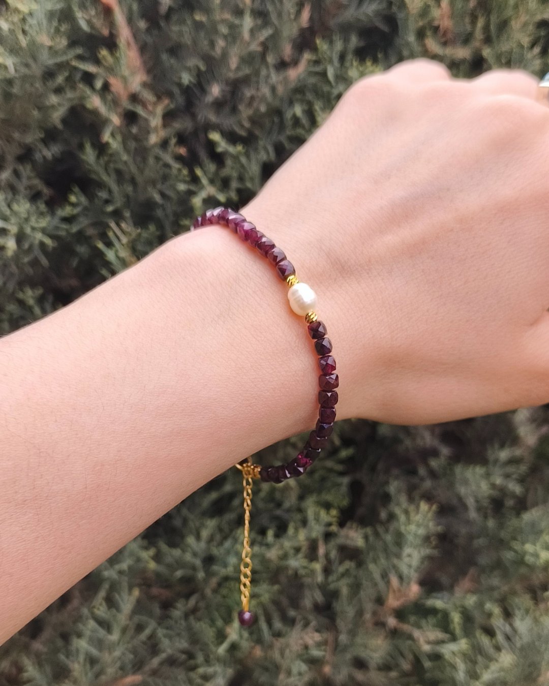 Granat (Lal Taşı) ve İnci Minimal Bileklik