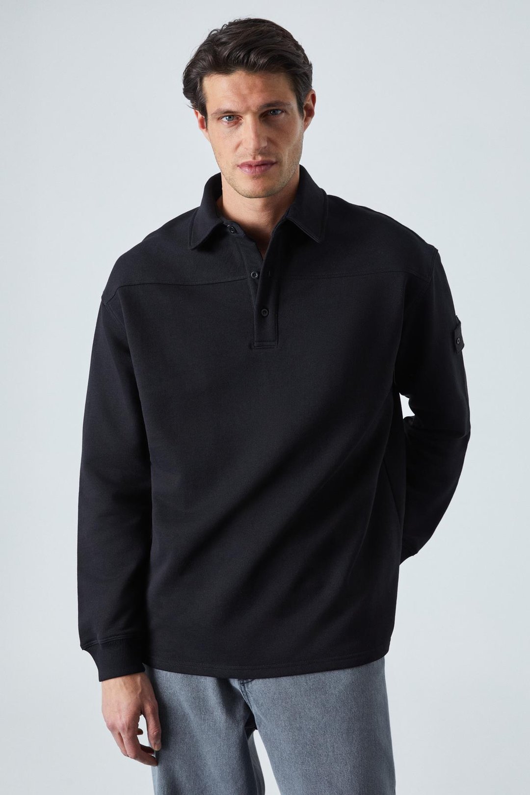 AATROX Erkek Polo Yakalı Patlı Düğmeli Uzun Kol Regular Fit Nakış Detaylı Siyah Sweatshirt