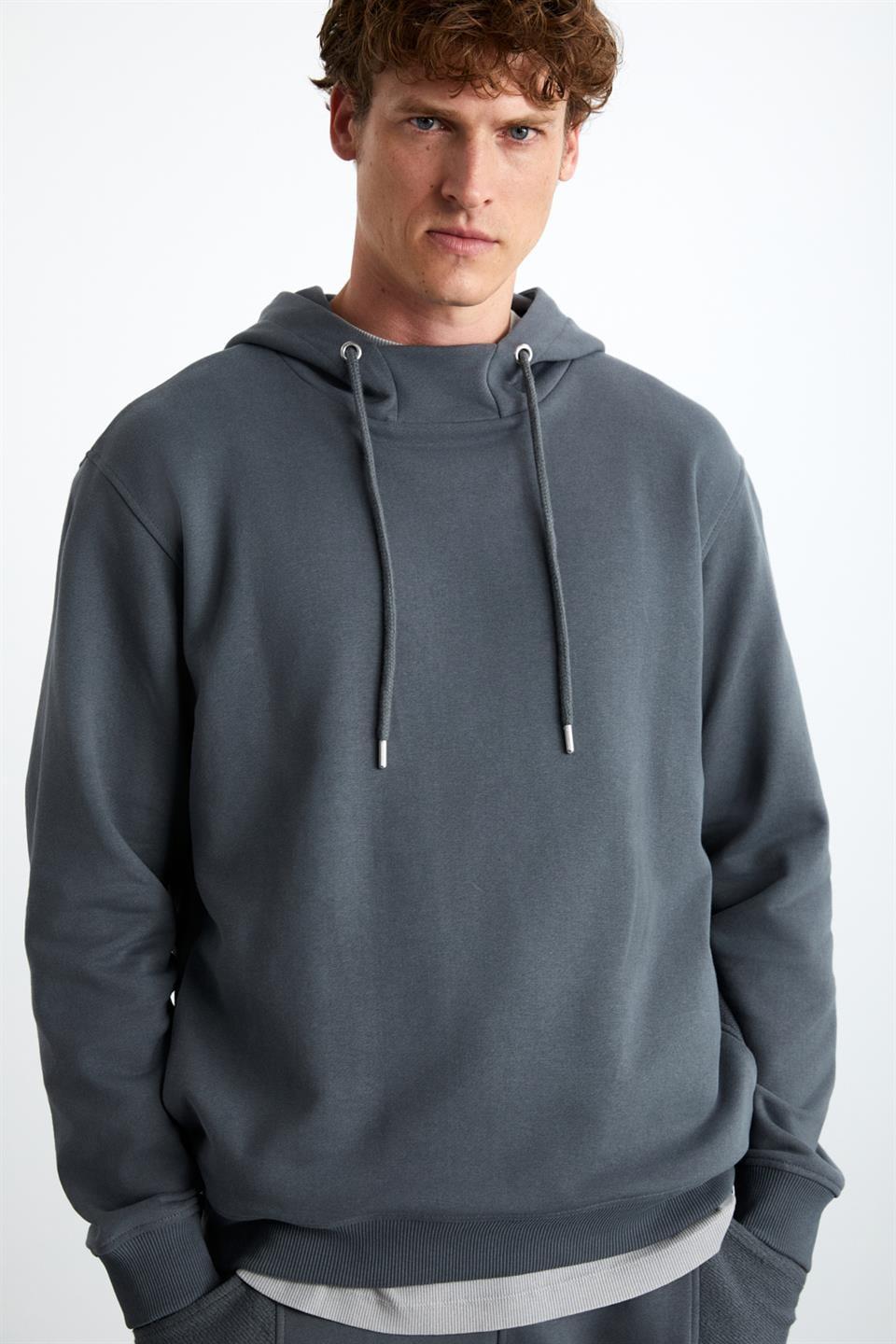 ALESSIO Erkek %100 Pamuk Kapüşonlu Kordon Detaylı Oversize Fit Gri Sweatshirt
