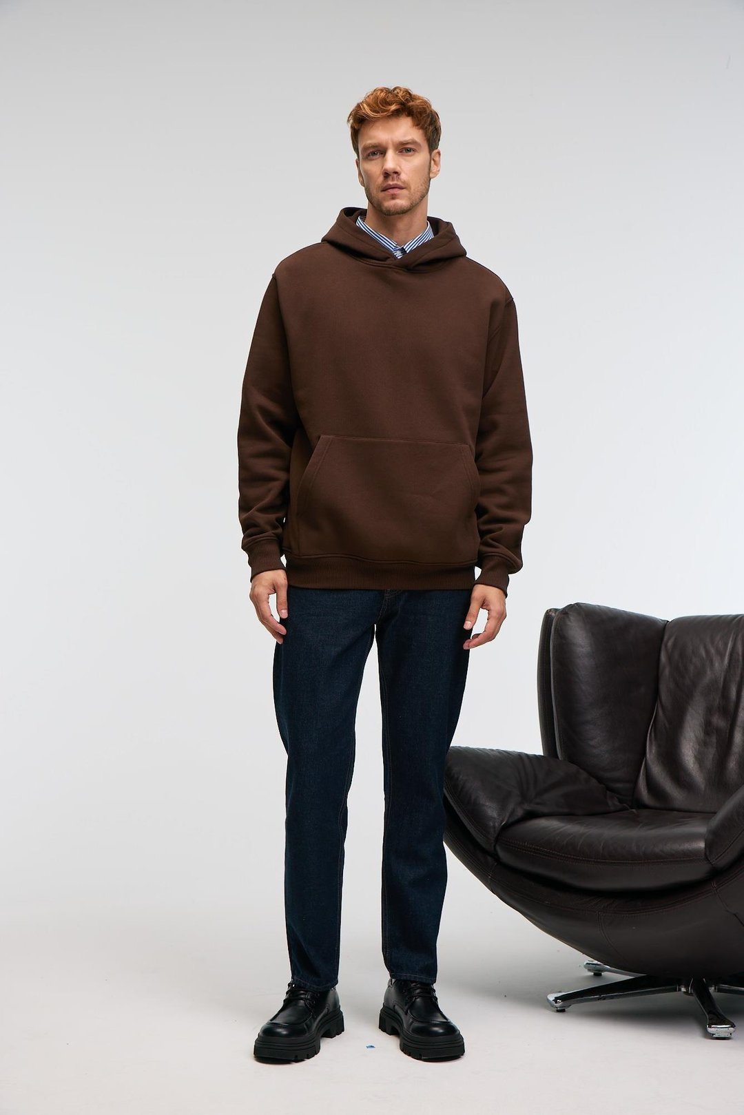 AMOS Erkek Yumuşak Kumaşlı 3 İplik Oversize Kapüşonlu Kanguru Cepli Acı Kahve Sweatshirt