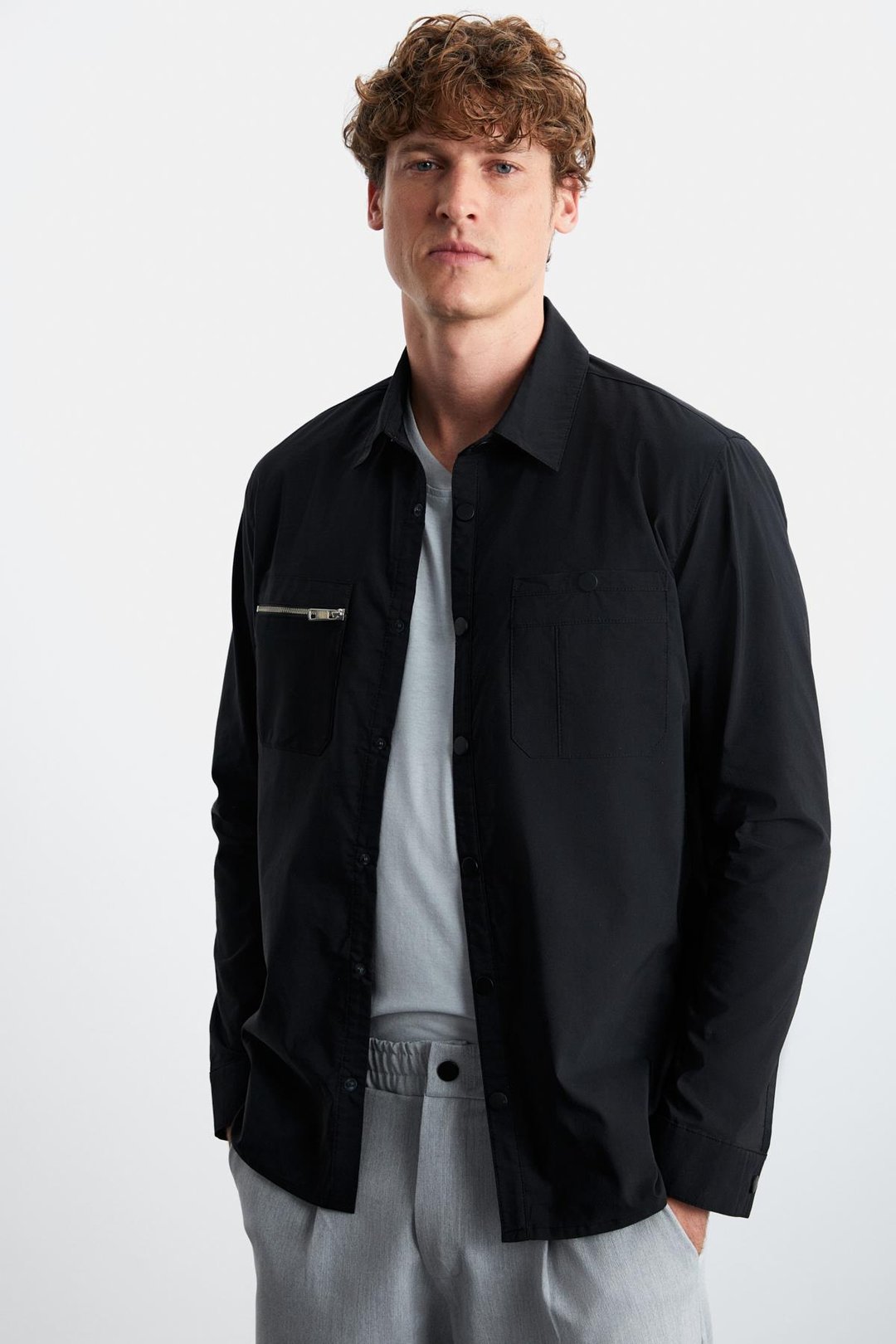 ANGELO Erkek Kalın Poplin Kumaşlı Dekoratif Fermuarlı Cepli Gömlek Tipi Siyah Ceket