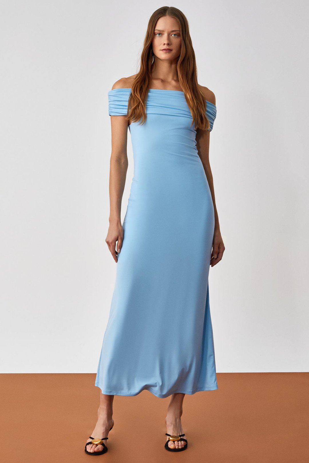 ANKALA Kadın Regular Kısa Kol Carmen Yaka Mavi Elbise