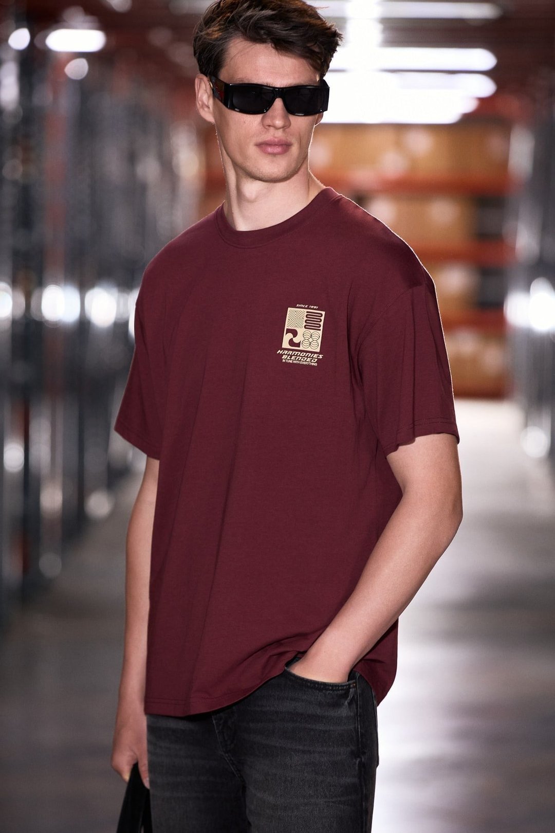ANTONIO  Erkek Baskı Detaylı %100 Organik Pamuk Örme Oversize Bordo T-Shirt