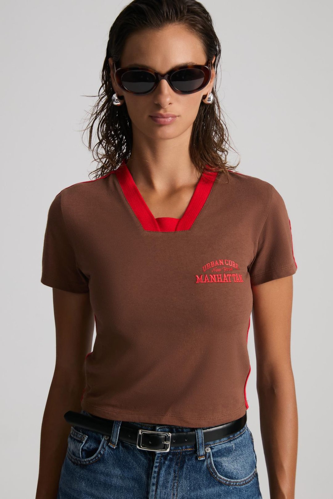 ARIANWEN %100 Polyester Kadın Kahverengi T-Shirt