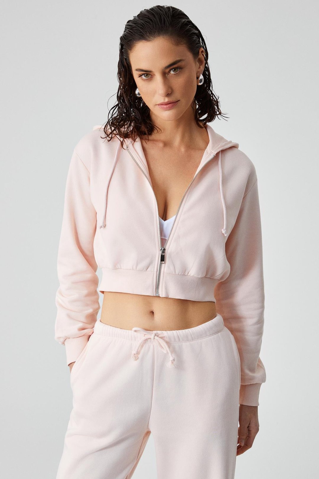 ARUBA Kadın %100 Pamuk Uzun Kol Crop Pembe Sweatshirt