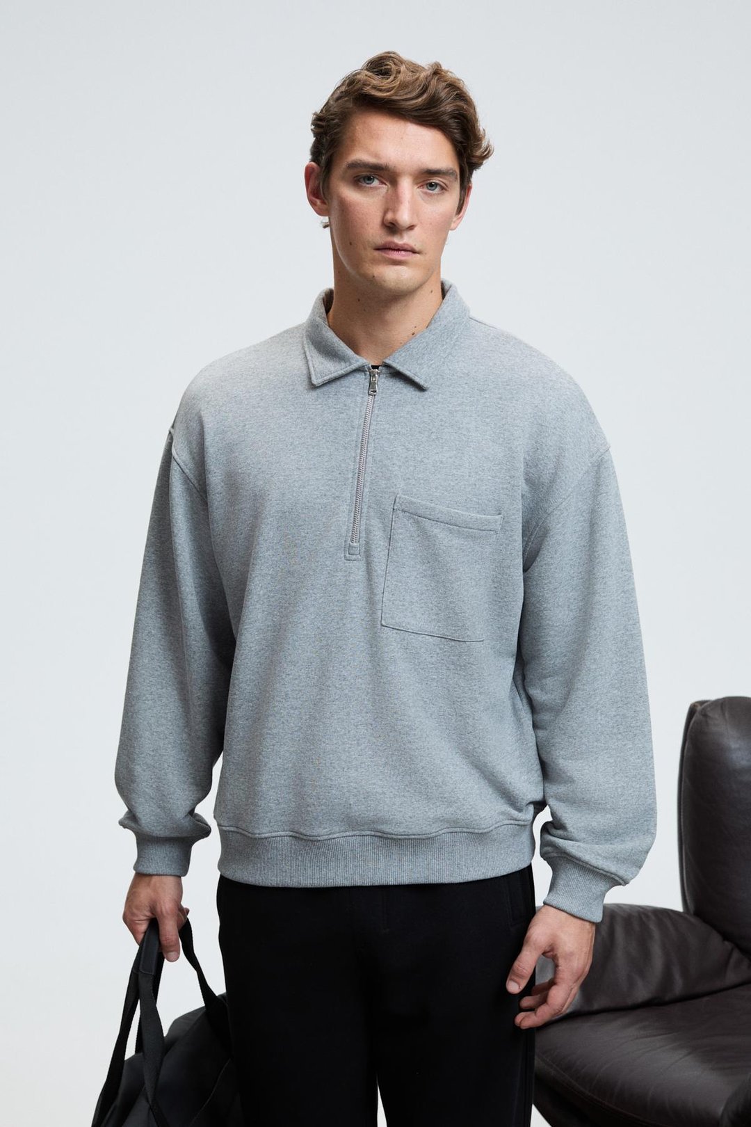 AUGUST Erkek %100 Pamuk Yarım Fermuarlı Yakalı Cepli Süs Etiketli Grimelanj Sweatshirt