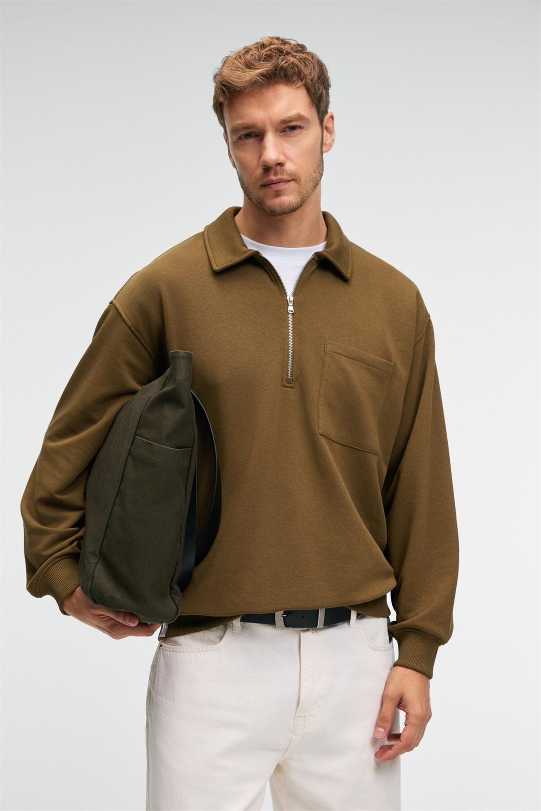 AUGUST Erkek %100 Pamuk Yarım Fermuarlı Yakalı Cepli Süs Etiketli Haki Sweatshirt