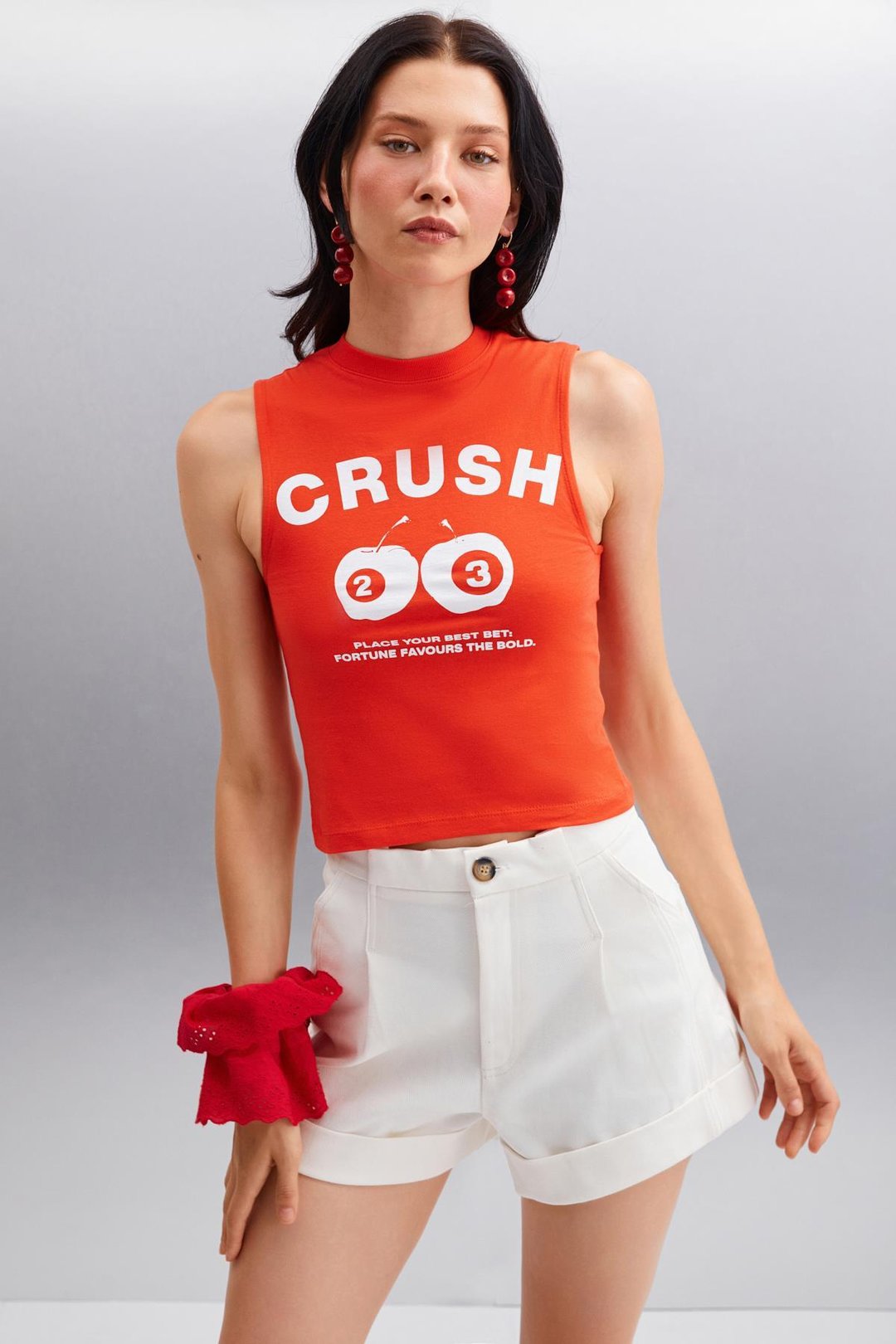 AZURA Kadın Baskılı Pamuklu Kısa Kollu Crop Kırmızı T-Shirt