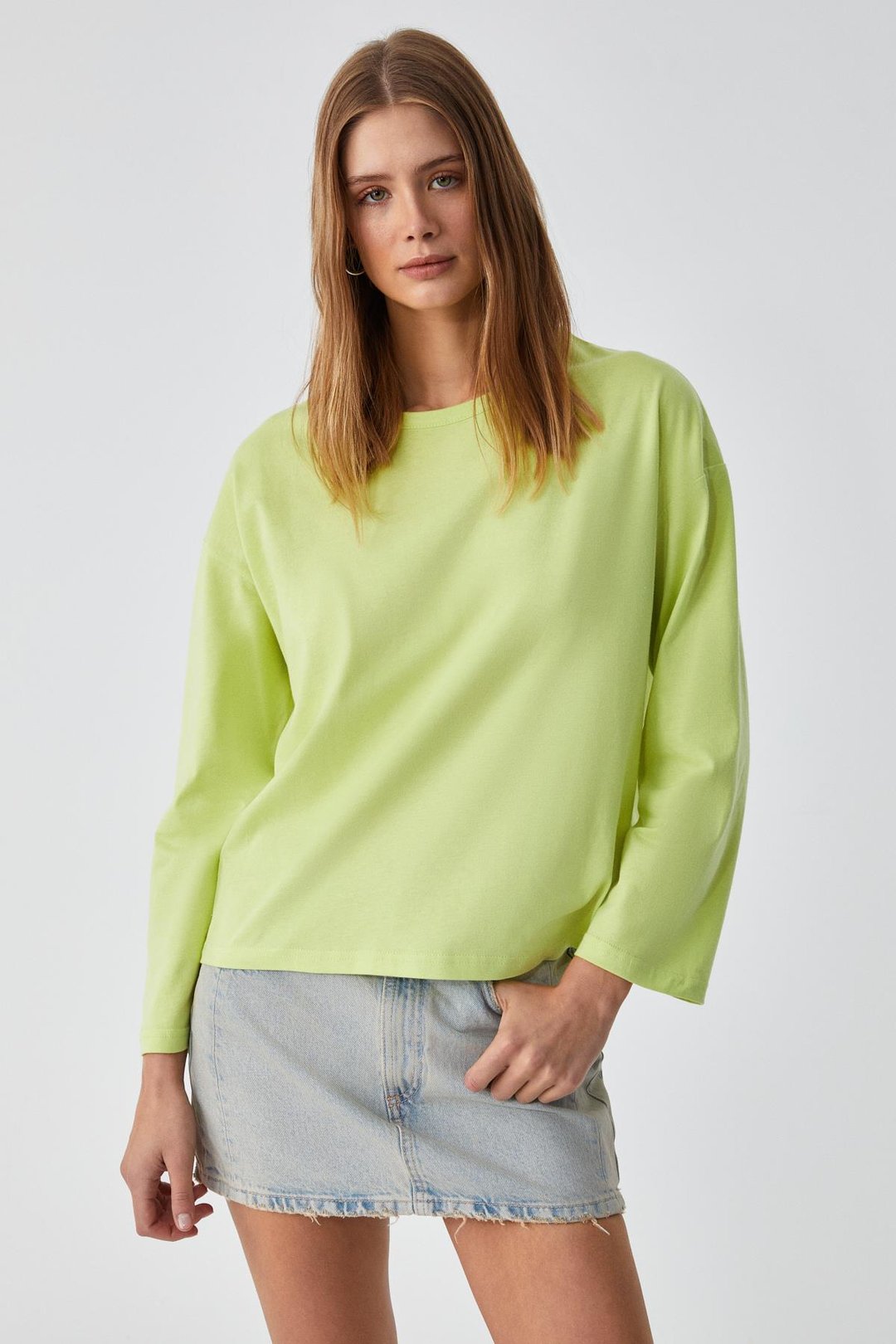 BASIL Kadını Oversize %100 Organik Pamuk Örme Uzun Kol Yeşil T-Shirt