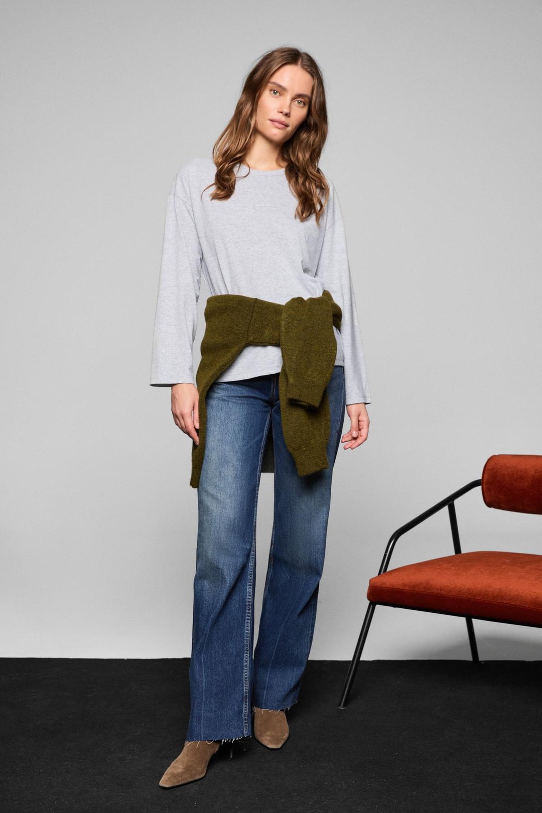 BASIL Kadını Oversize %100 Organik Pamuk Örme Uzun Kol Grimelanj T-Shirt