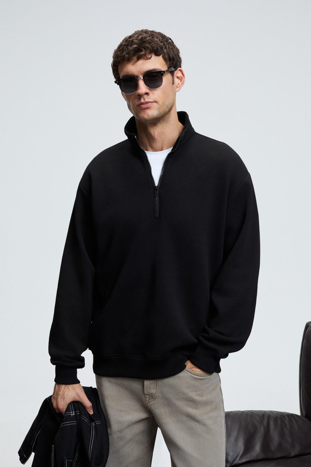BAXTER Erkek Dik Yakalı Fermuarlı Relaxed Siyah Sweatshirt