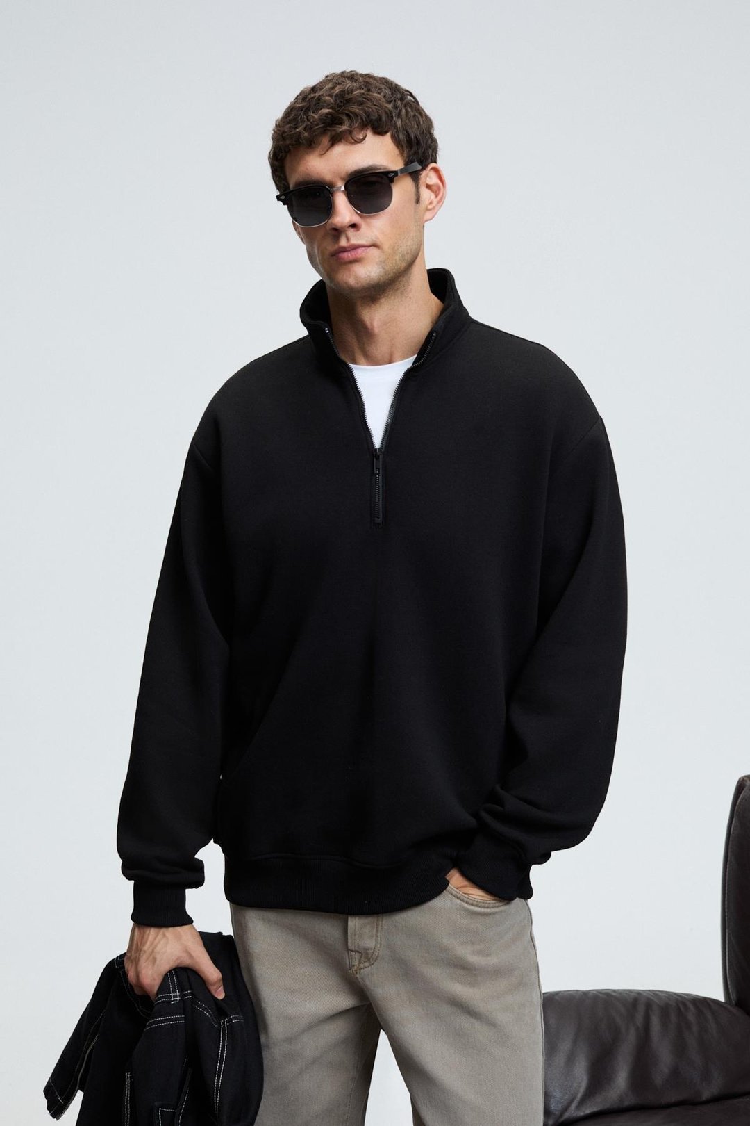 BAXTER Erkek Dik Yakalı Fermuarlı Relaxed Siyah Sweatshirt