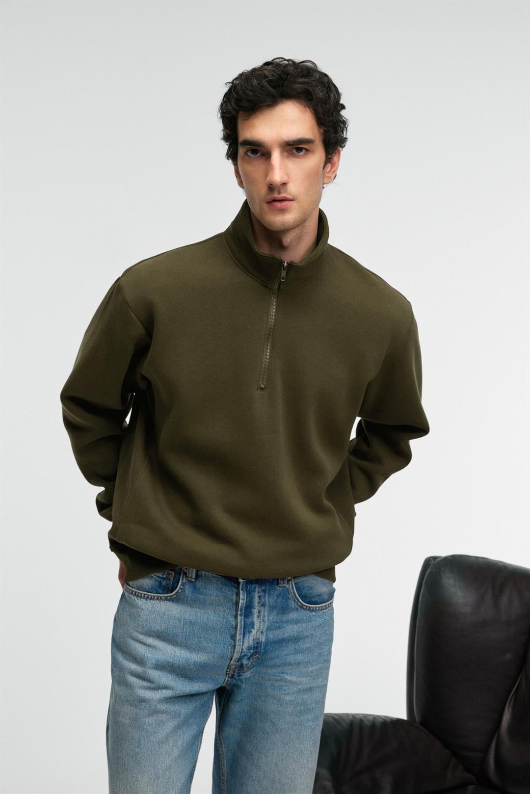 BAXTER Erkek Dik Yakalı Fermuarlı Relaxed Koyu Haki Sweatshirt